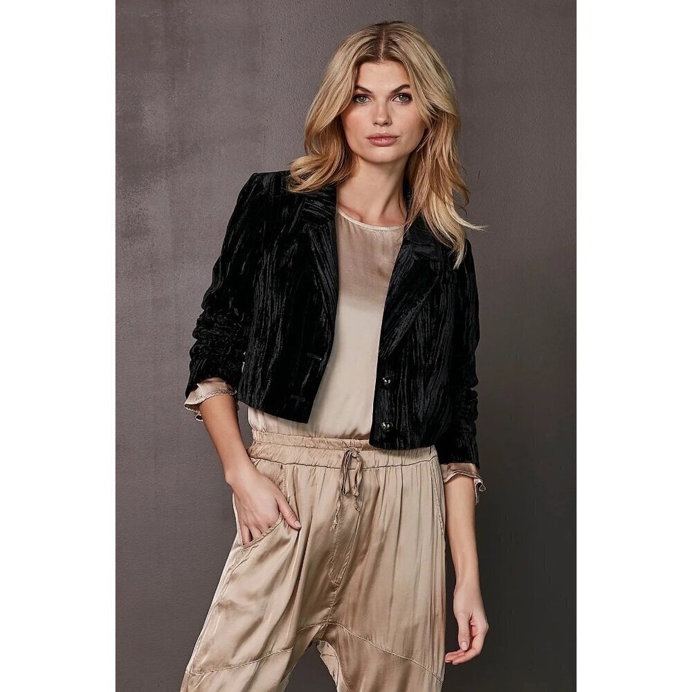 NU Denmark Crushed Velvet Crop Double Button Jacket Black Womens Size Small